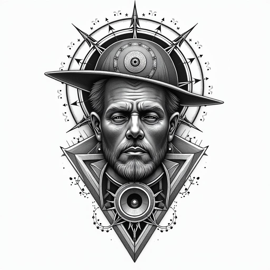 American Soldier, PTSD, Aquarius, Depression, Anxietyin prophecy tattoo style, featuring mystical symbols, celestial imagery like stars, moons, suns, geometric patterns, foretelling elements, an eye of wisdom - Variation 2