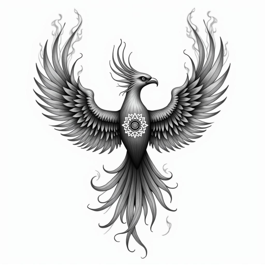 Flying phoenix with firein spiritual symbols tattoo style, featuring an intricate design incorporating elements, Hamsa hand, third eye, minimalist composition - Variation 4