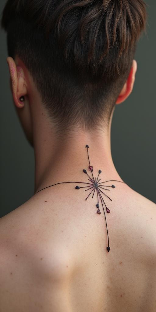 Leo zodiac sign in minimalist style tattoo, featuring simple shapes and fine lines, with minimal shading and details, tiny triangles, creating a sense of balance and harmony - Variation 2