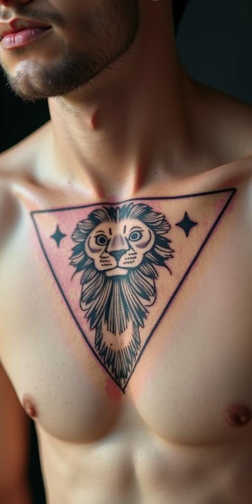 Leo zodiac sign in minimalist style tattoo, featuring simple shapes and fine lines, with minimal shading and details, tiny triangles, creating a sense of balance and harmony - Variation 3