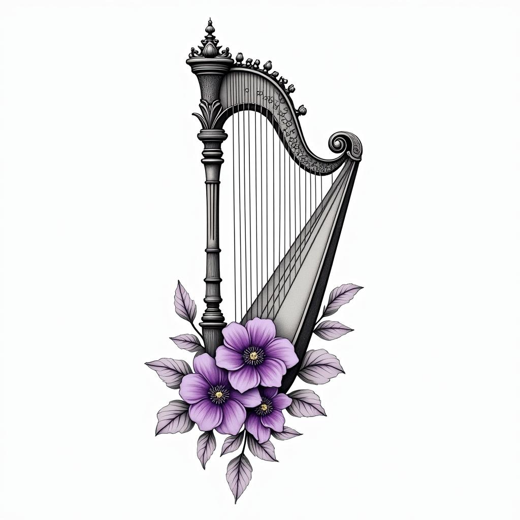 Delicate Harp with violet flowersin ornamental tattoo style, featuring intricate symmetrical patterns and floral designs, showcasing highly detailed line work and geometric shapes, creating a sense of elegance and balance - Variation 6