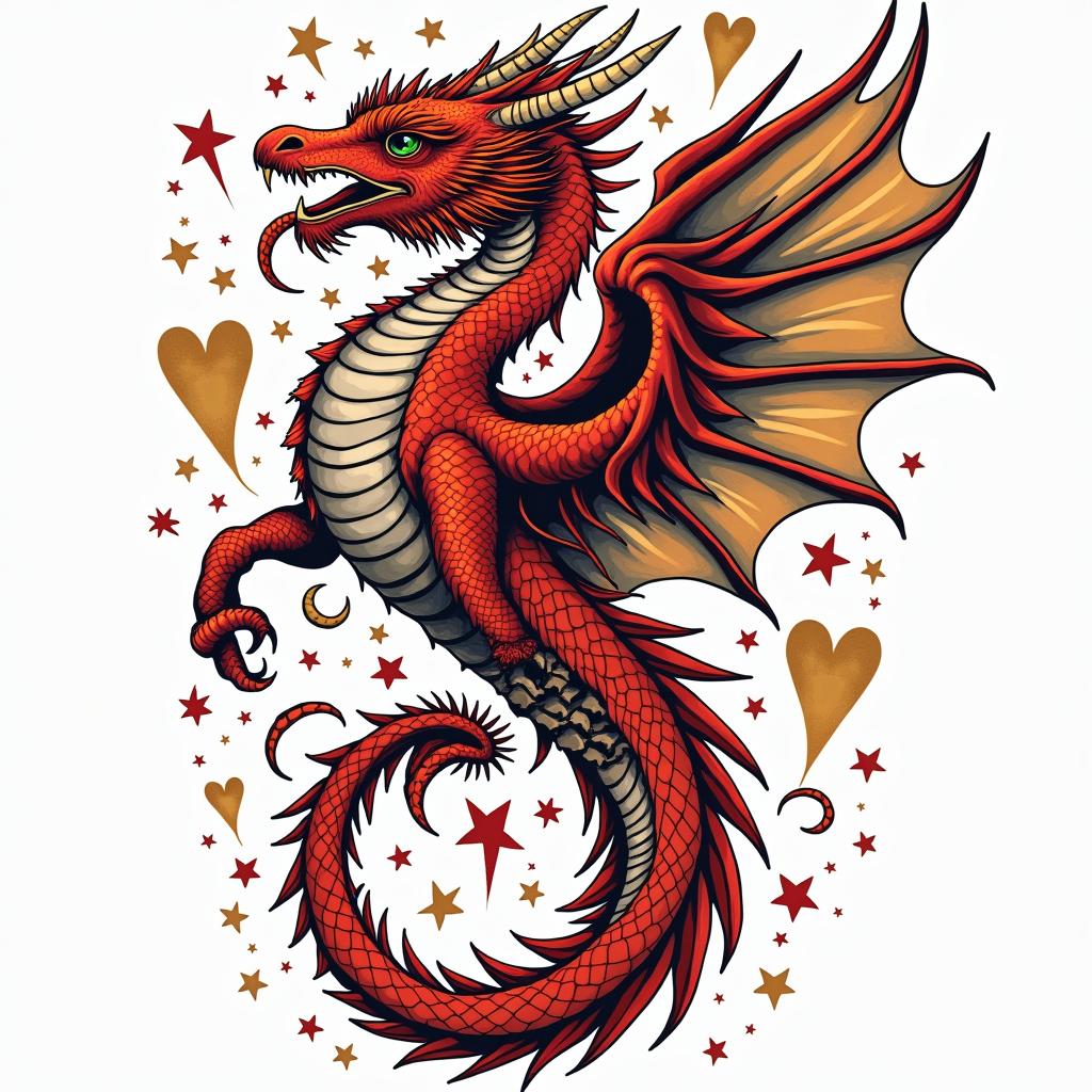 Darlene, Dragon, Phoenixin pop art style tattoo, featuring bold and vibrant colors, exaggerated outlines, iconic imagery, inspired by comic books and speech bubbles, comic book characters, retro pop culture - Variation 2