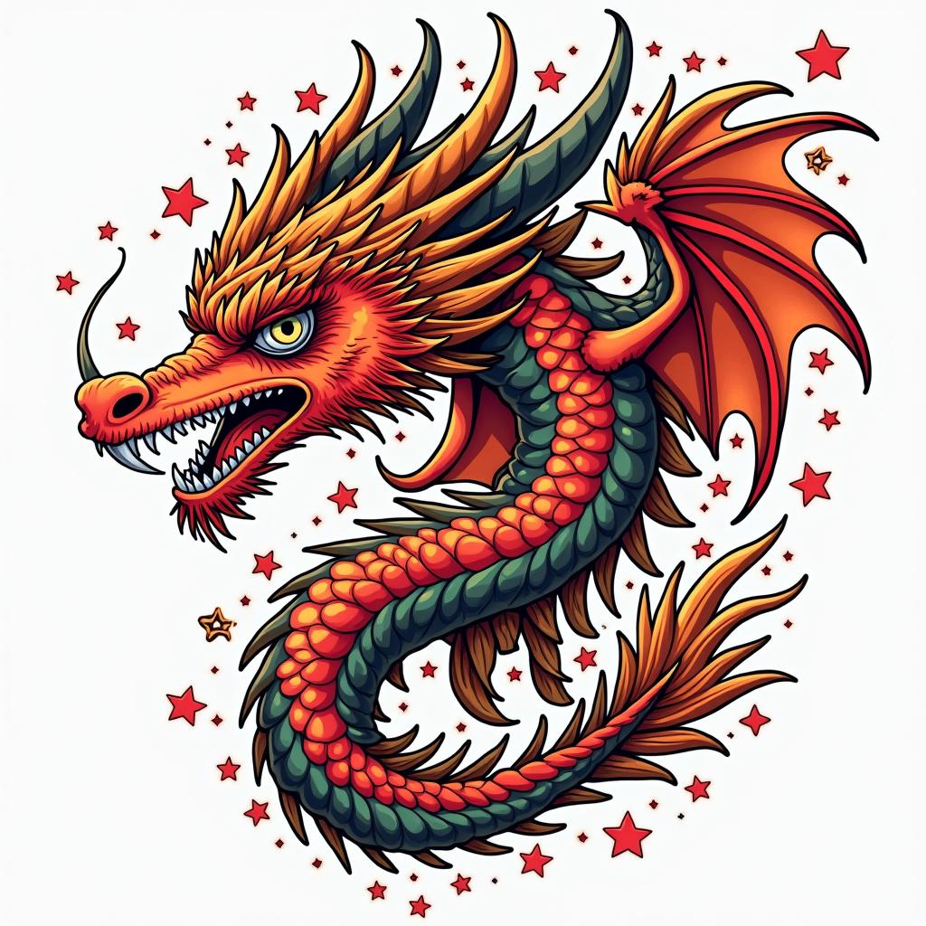 Darlene, Dragon, Phoenixin pop art style tattoo, featuring bold and vibrant colors, exaggerated outlines, iconic imagery, inspired by comic books and speech bubbles, comic book characters, retro pop culture - Variation 4
