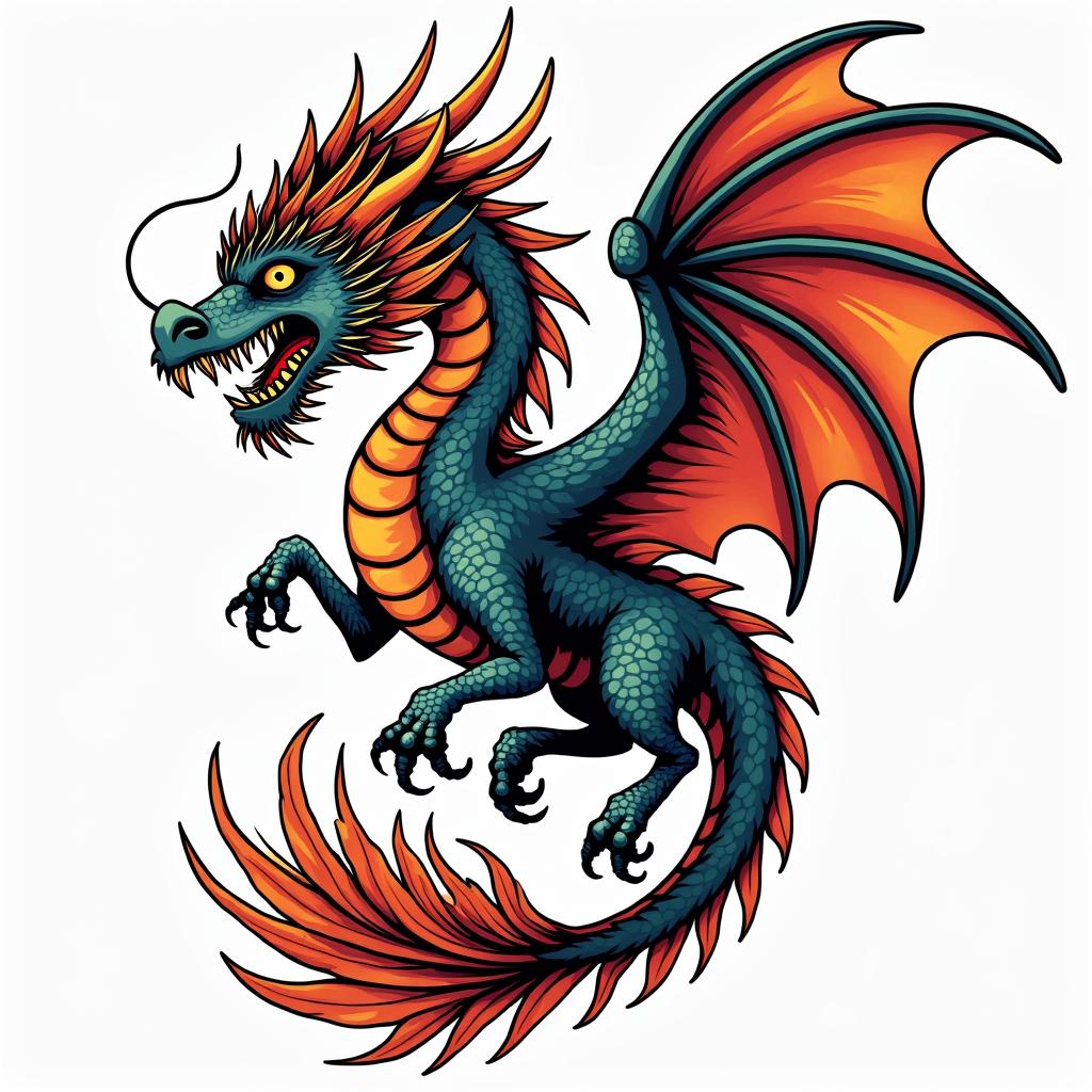 Darlene, Dragon, Phoenixin pop art style tattoo, featuring bold and vibrant colors, exaggerated outlines, iconic imagery, inspired by comic books and speech bubbles, comic book characters, retro pop culture