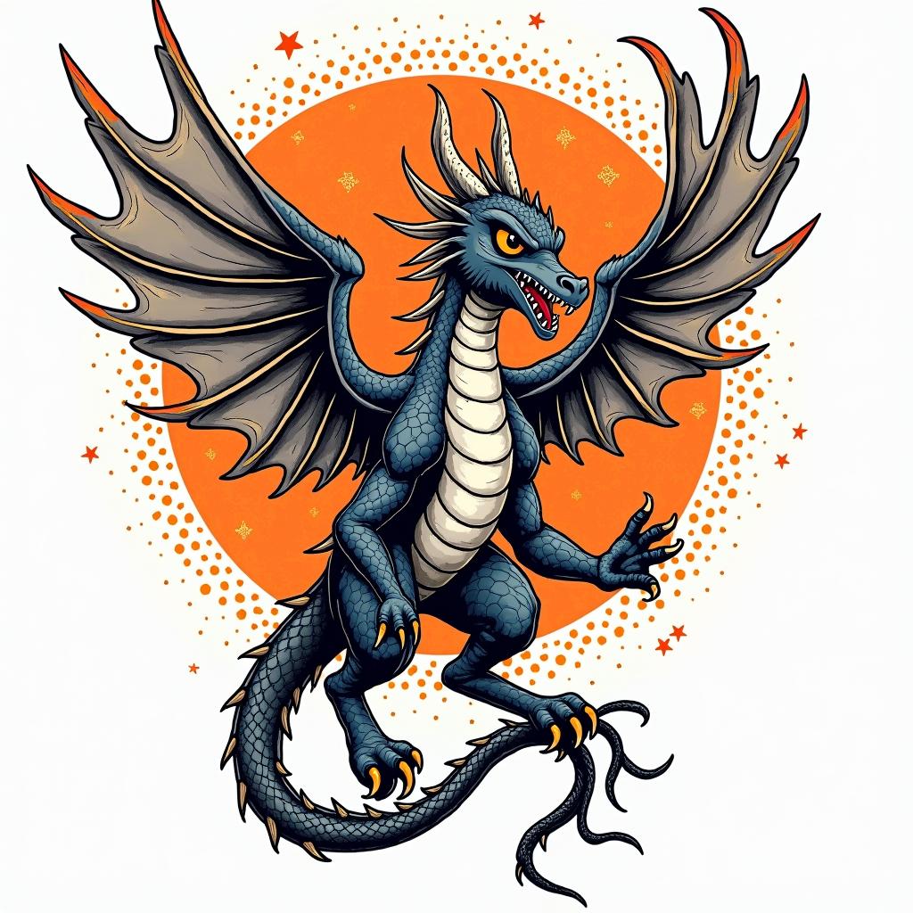 Darlene, Dragon, Phoenixin pop art style tattoo, featuring bold and vibrant colors, exaggerated outlines, iconic imagery, inspired by comic books and speech bubbles, comic book characters, retro pop culture - Variation 3