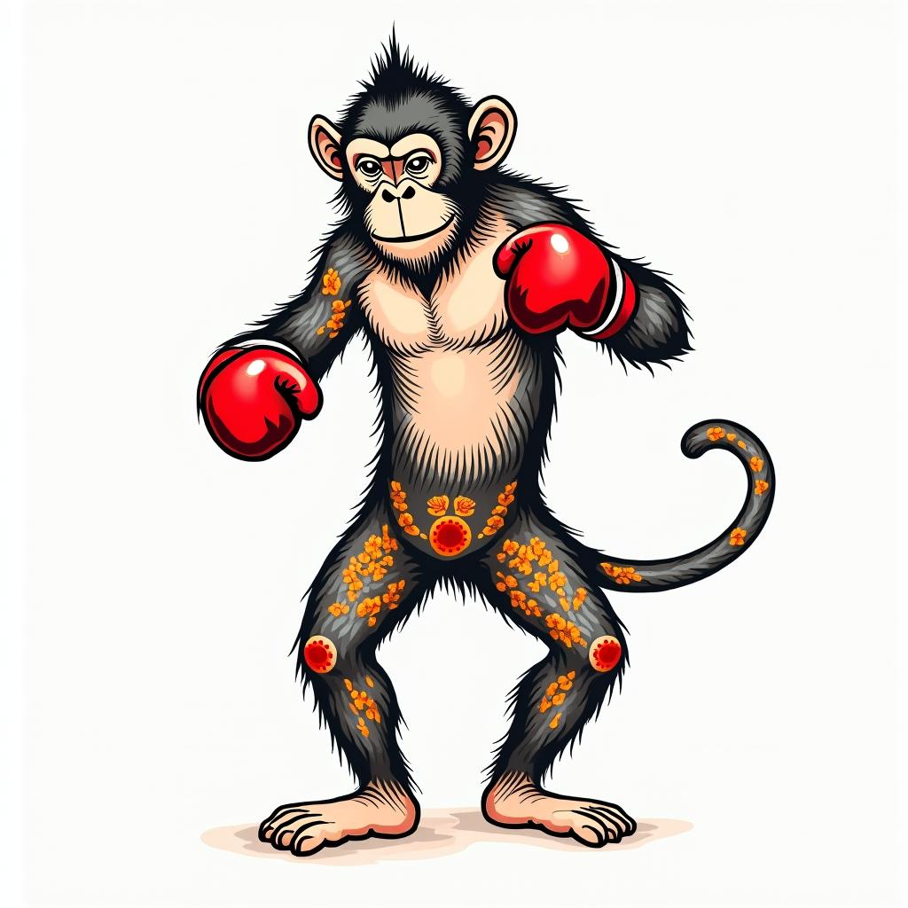 Create an old style, colored, American traditional style tattoo of a monkey boxer. Full bodyabstract dancing figures in Keith Haring style, featuring bold black outlines and solid color fills, figures posed in dynamic and playful dance movements, minimalist design - Variation 2