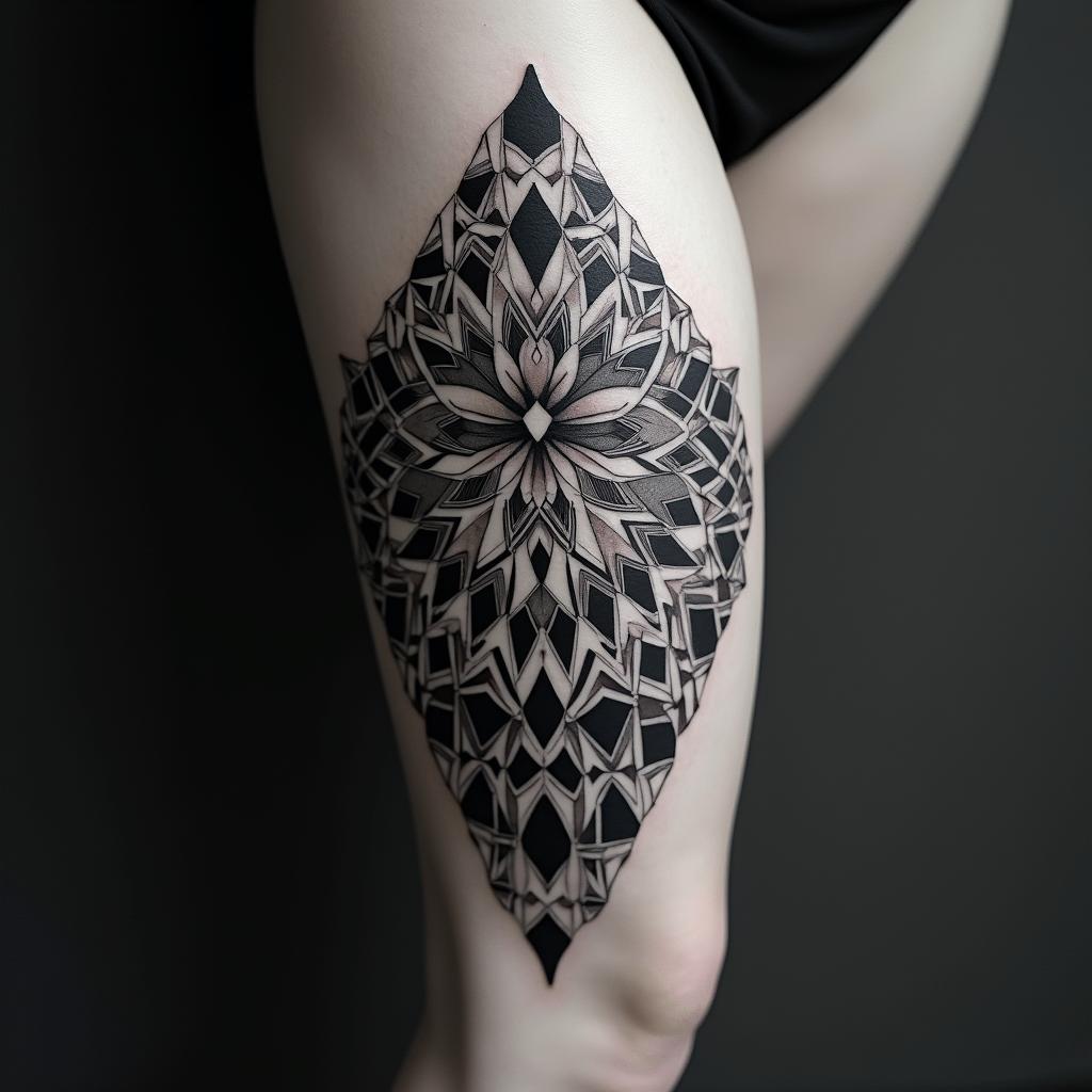 party, heart operation, strength, beauty, passion, music, high vibe, sexy, car, destiny, family in geometric style tattoo, blending hexagons, mandala-inspired patterns, symmetrical and fractal design, clean lines, sharp angles