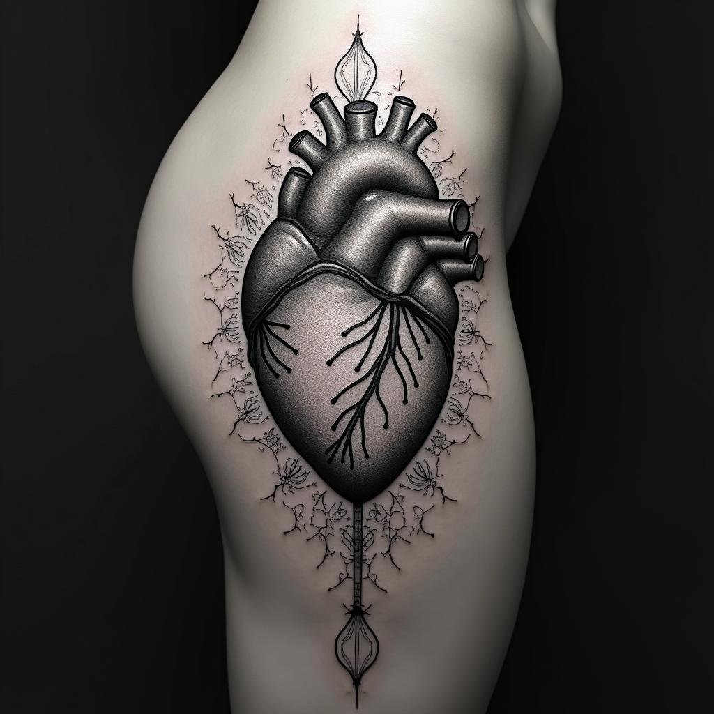 party, heart operation, strength, beauty, passion, music, high vibe, sexy, car, destiny, family in geometric style tattoo, blending hexagons, mandala-inspired patterns, symmetrical and fractal design, clean lines, sharp angles - Variation 2