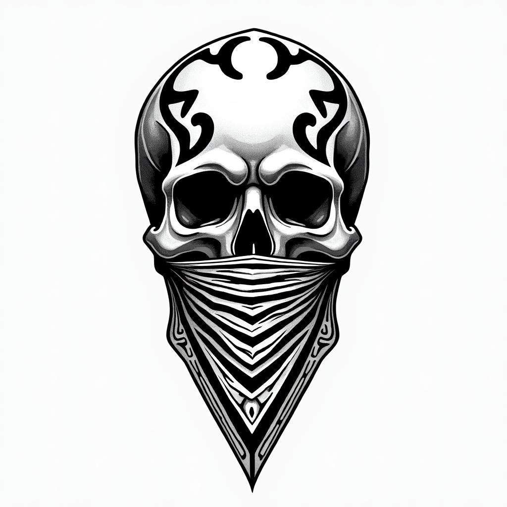 Skull with bandana over mouthin tribal tattoo style, featuring bold and black geometric shapes, curved lines, intertwine and flow seamlessly, creating a powerful and symbolic design, polynesian and maori styles