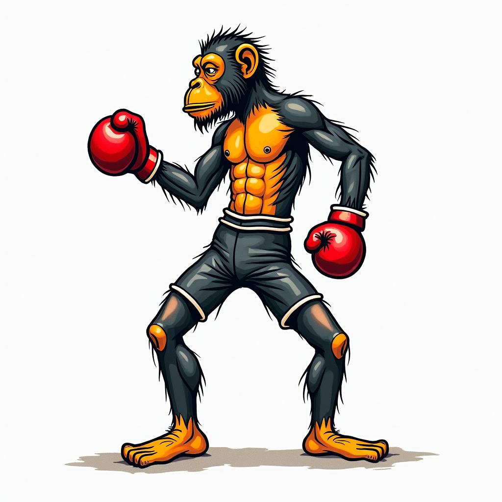 Create an old style, colored, American traditional style tattoo of a monkey boxer. Full bodyabstract dancing figures in Keith Haring style, featuring bold black outlines and solid color fills, figures posed in dynamic and playful dance movements, minimalist design