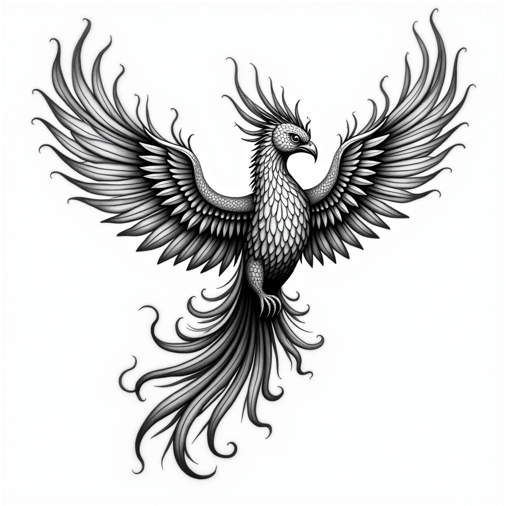 Flying phoenix with firein ornamental tattoo style, featuring intricate symmetrical patterns and floral designs, showcasing highly detailed line work and geometric shapes, creating a sense of elegance and balance