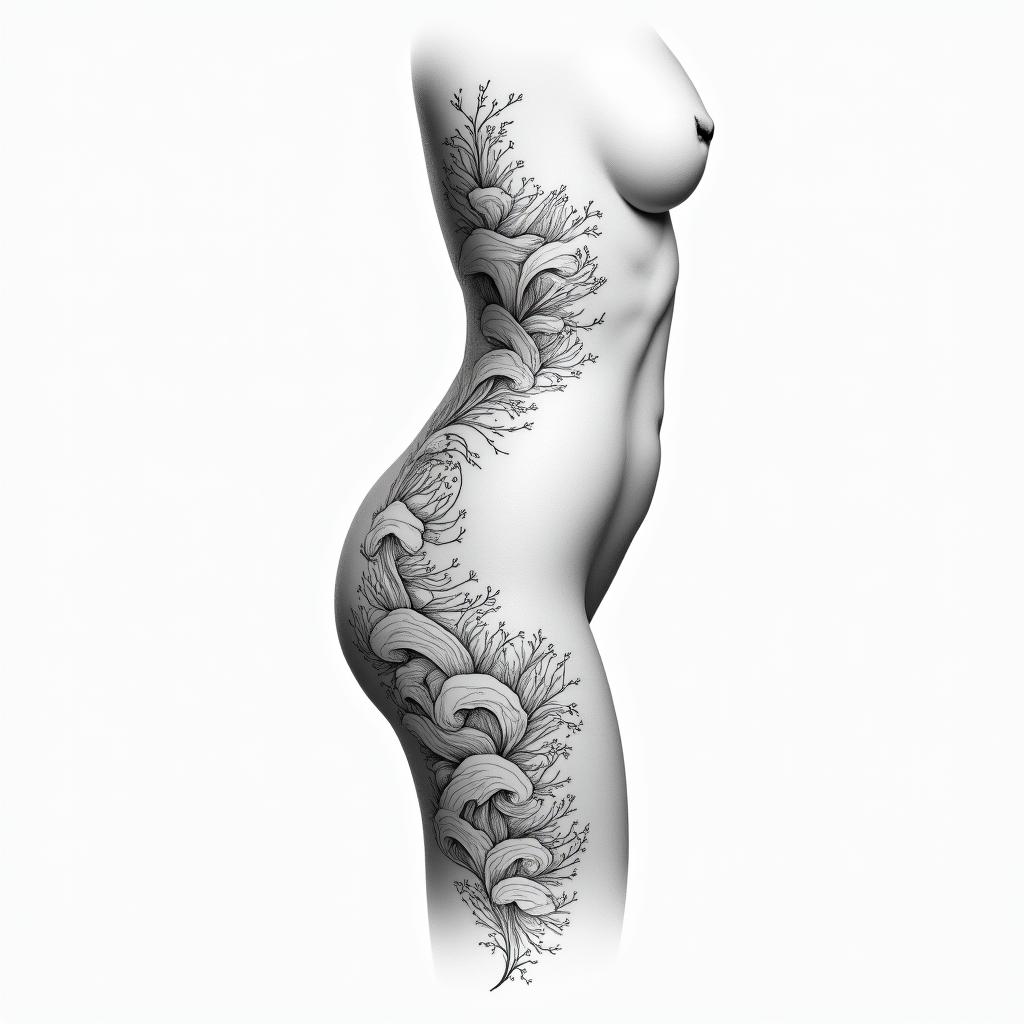 A woman should be fine on the side and smooth at the belly.in Modest style tattoo, featuring soft, delicate line work with simple and meaningful symbols, gentle waves, a heart, evoking a sense of serenity and grace, - Variation 3