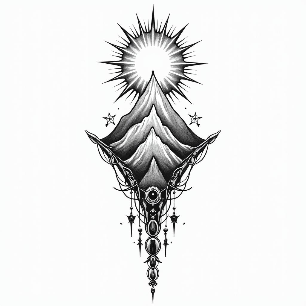 Mountain range with a rising sunin spiritual symbols tattoo style, featuring an intricate design incorporating elements, Hamsa hand, third eye, minimalist composition - Variation 5
