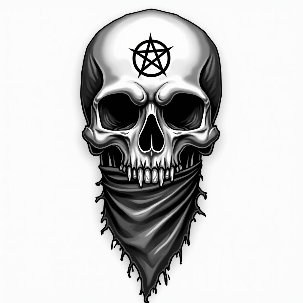Skull with bandana over mouthcreepy horror tattoo style, featuring an eerie and unsettling skull of a demonic creature, distorted face with sharp fangs, add pentagram symbol