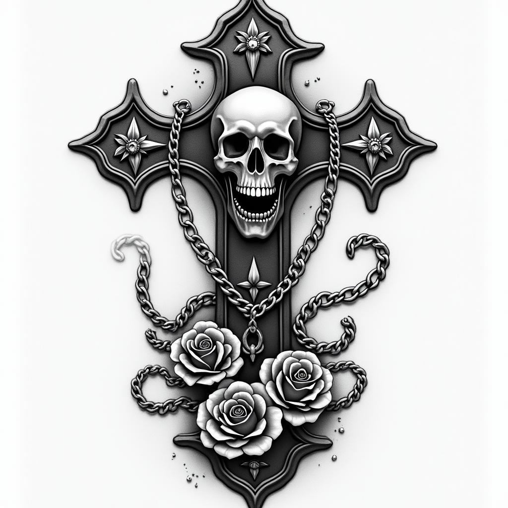 Ideally, something feminine should be delicate on the side of the stomach.in chicano style tattoo, featuring intricate black and grey shading, bold elements of traditional chicano culture symbols, add a big cross with skull, chains and roses - Variation 2
