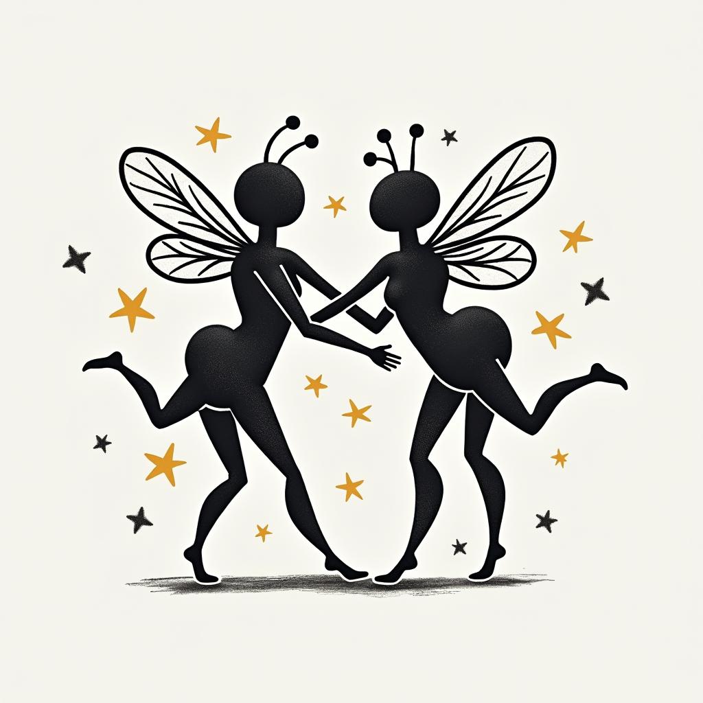 Bees back tattooabstract dancing figures in Keith Haring style, featuring bold black outlines and solid color fills, figures posed in dynamic and playful dance movements, minimalist design