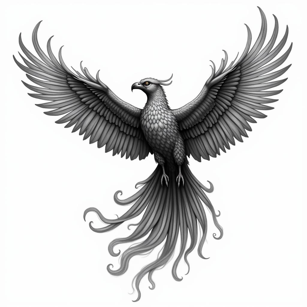 Flying phoenix with firein bohemian style tattoo, 8k