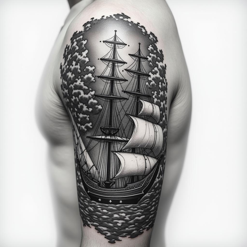Upper arm, half sleeve. Include themes like pirates, ships, compass. I want shades of gray and black with no color.in realism tattoo style, featuring a highly detailed, lifelike, capturing every detail, photorealistic, ultra realistic, intricate shading, smooth and sharp,   - Variation 4