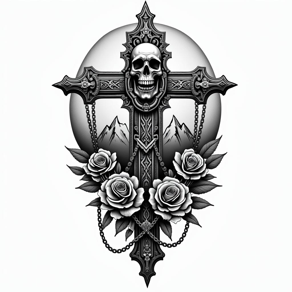 Aztec,broken compass, mountain ranges and moonin chicano style tattoo, featuring intricate black and grey shading, bold elements of traditional chicano culture symbols, add a big cross with skull, chains and roses - Variation 4