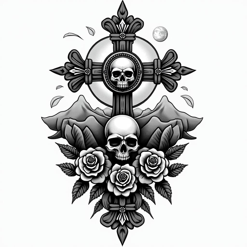 Aztec,broken compass, mountain ranges and moonin chicano style tattoo, featuring intricate black and grey shading, bold elements of traditional chicano culture symbols, add a big cross with skull, chains and roses - Variation 3