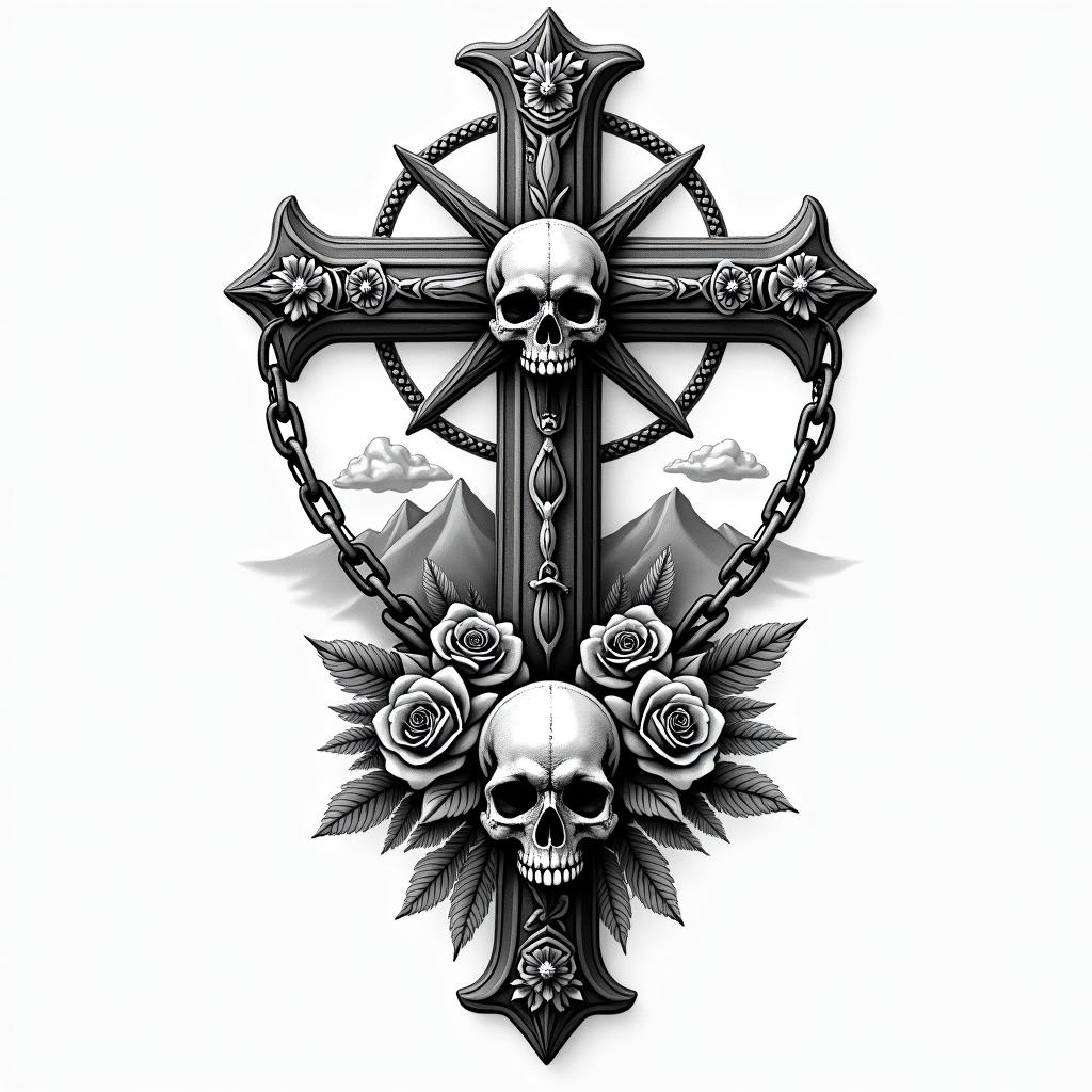 Aztec,broken compass, mountain ranges and moonin chicano style tattoo, featuring intricate black and grey shading, bold elements of traditional chicano culture symbols, add a big cross with skull, chains and roses