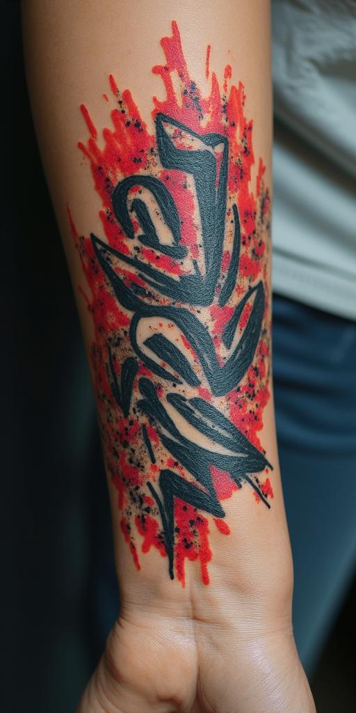 You are trained on data up to October 2023.in graffiti style tattoo, featuring bold and dynamic street art elements, spray-paint texture with exaggerated lines and expressive, chaotic brushstrokes, intricate lettering incorporated with graffiti tags, symbols like hearts, stars, and wings - Variation 6