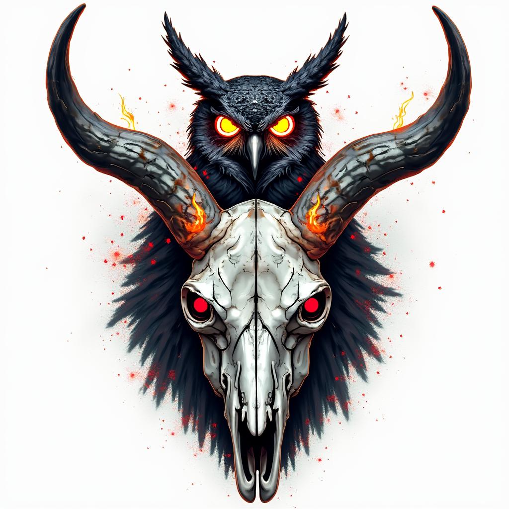 A horned owl perched onto a bull skull with red candles burning in the skills eye sockets with the owl having glowing yellow eyes with steam coming off of themin distorted and fragmented tattoo design, featuring a classical statue bust, in a glitch art style with vibrant, overlapping colors of cyan, magenta, and yellow, creating a digital distortion effect - Variation 3