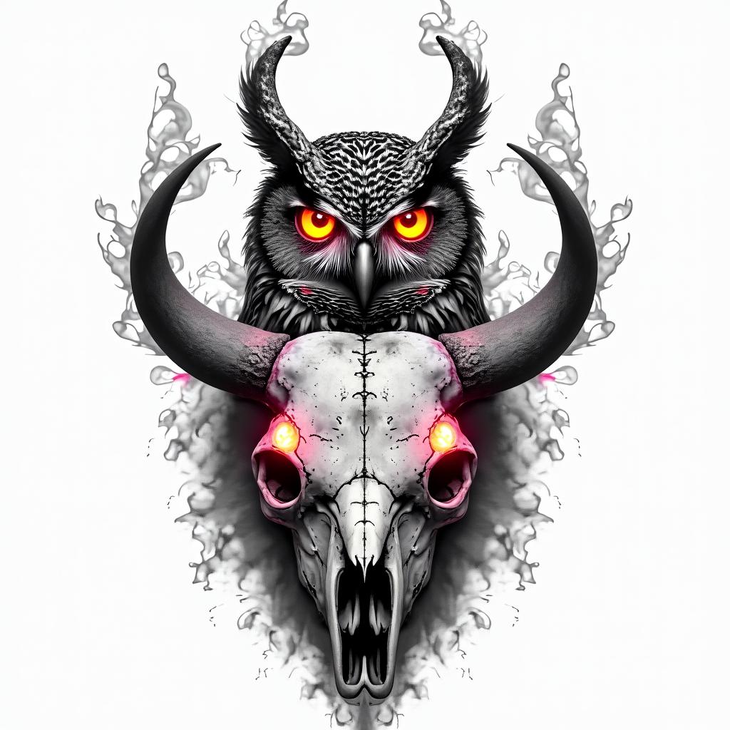A horned owl perched onto a bull skull with red candles burning in the skills eye sockets with the owl having glowing yellow eyes with steam coming off of themin distorted and fragmented tattoo design, featuring a classical statue bust, in a glitch art style with vibrant, overlapping colors of cyan, magenta, and yellow, creating a digital distortion effect - Variation 4