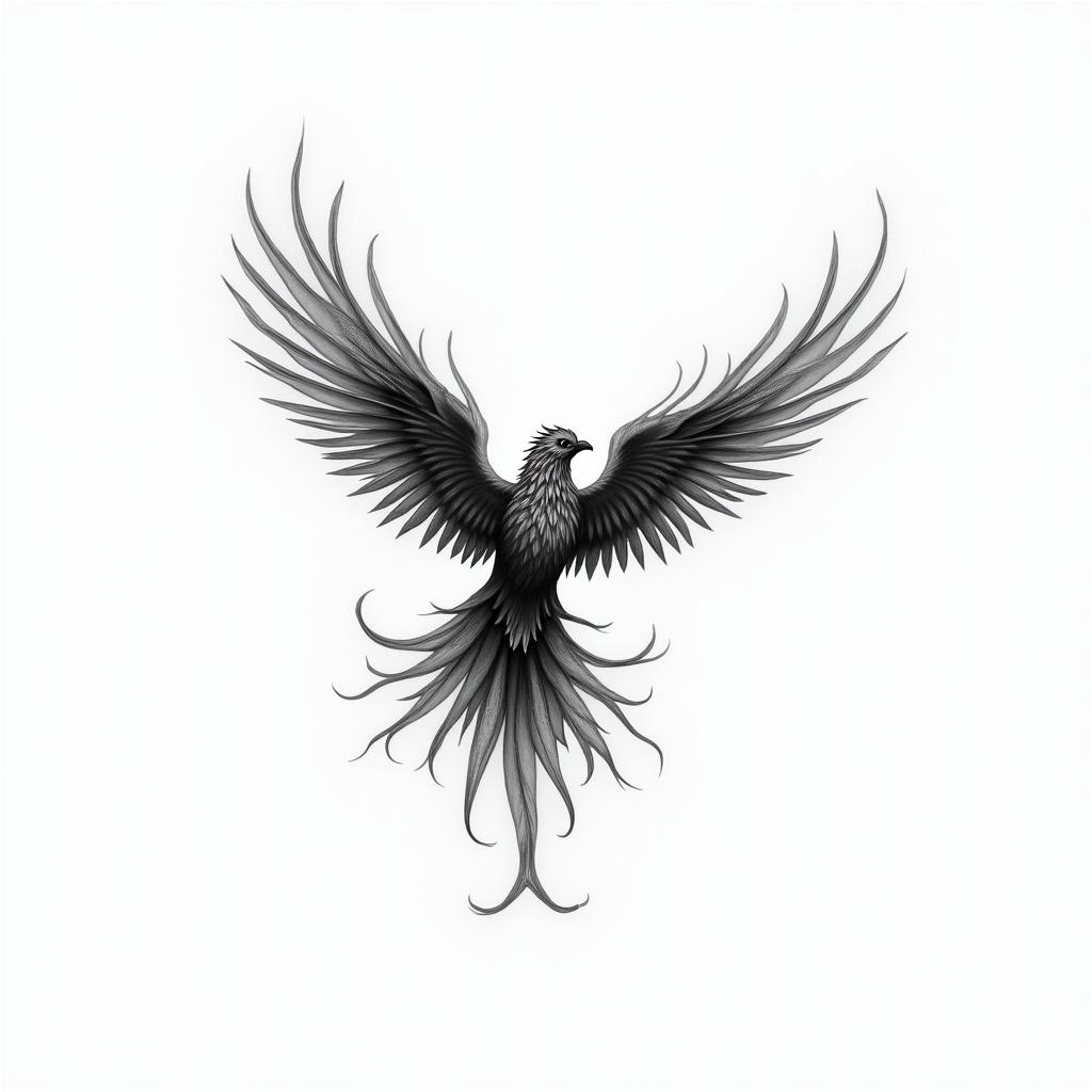 Flying phoenix with fireminimalist text-based tattoo, Monospace font ultra-realistic, perfectly placed, high-quality font design, photo-realistic shading, 8k, high quality, finely detailed typograph - Variation 2