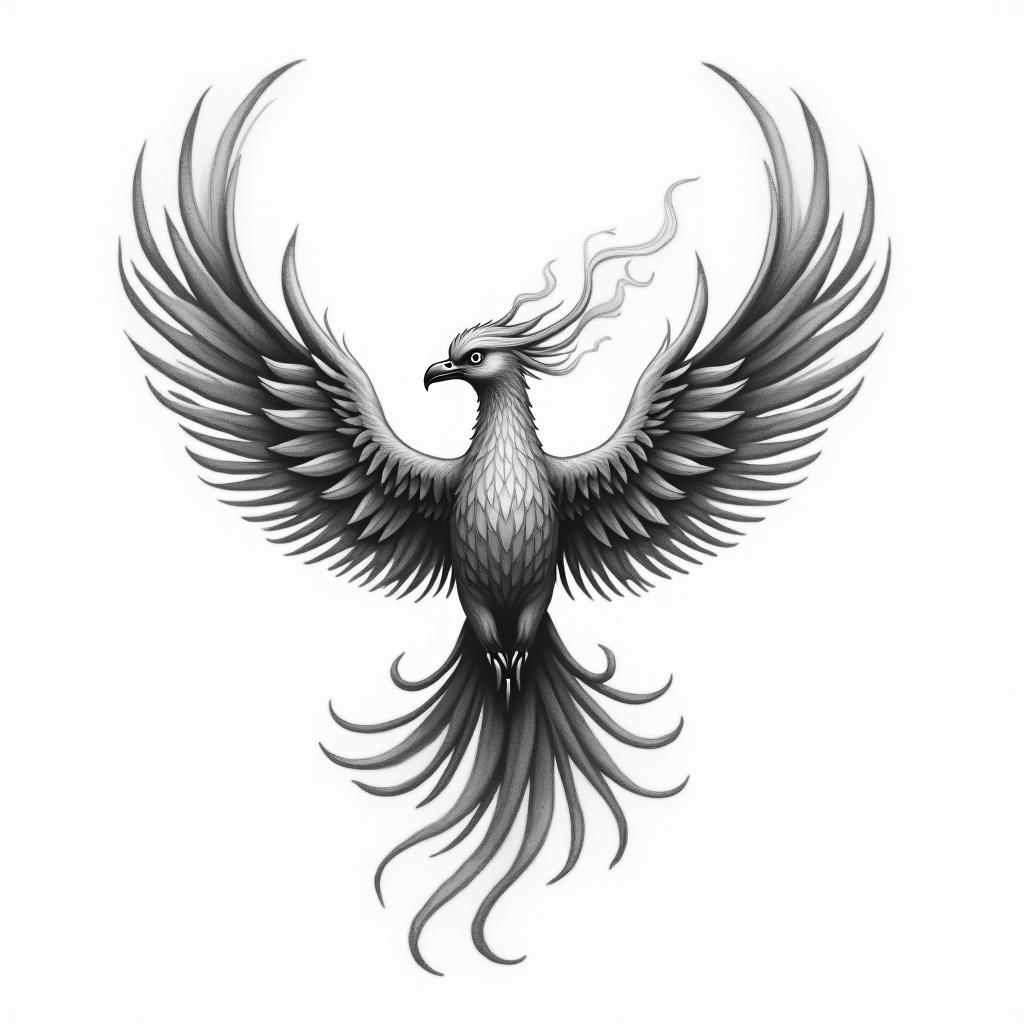 Flying phoenix with fireminimalist text-based tattoo, Monospace font ultra-realistic, perfectly placed, high-quality font design, photo-realistic shading, 8k, high quality, finely detailed typograph - Variation 4