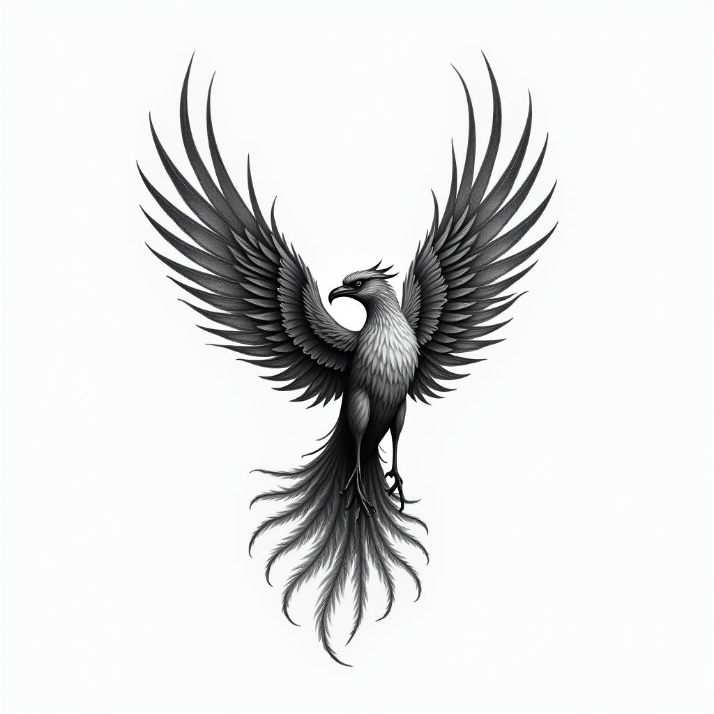 Flying phoenix with fireminimalist text-based tattoo, Monospace font ultra-realistic, perfectly placed, high-quality font design, photo-realistic shading, 8k, high quality, finely detailed typograph