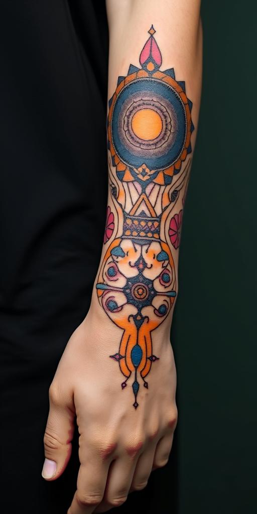 You are trained on data up to October 2023.in prophecy tattoo style, featuring mystical symbols, celestial imagery like stars, moons, suns, geometric patterns, foretelling elements, an eye of wisdom - Variation 3