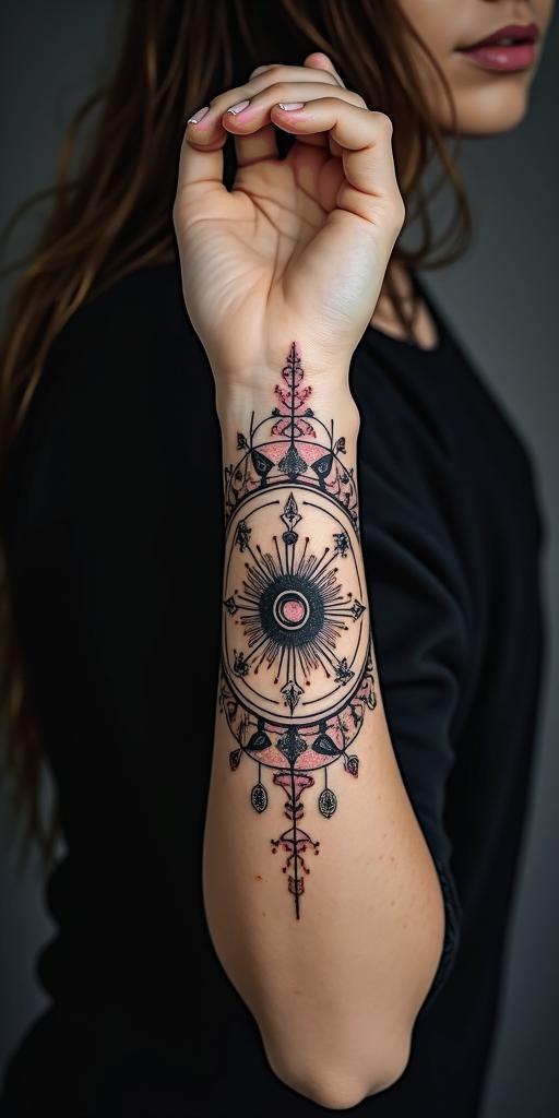 You are trained on data up to October 2023.in prophecy tattoo style, featuring mystical symbols, celestial imagery like stars, moons, suns, geometric patterns, foretelling elements, an eye of wisdom - Variation 4