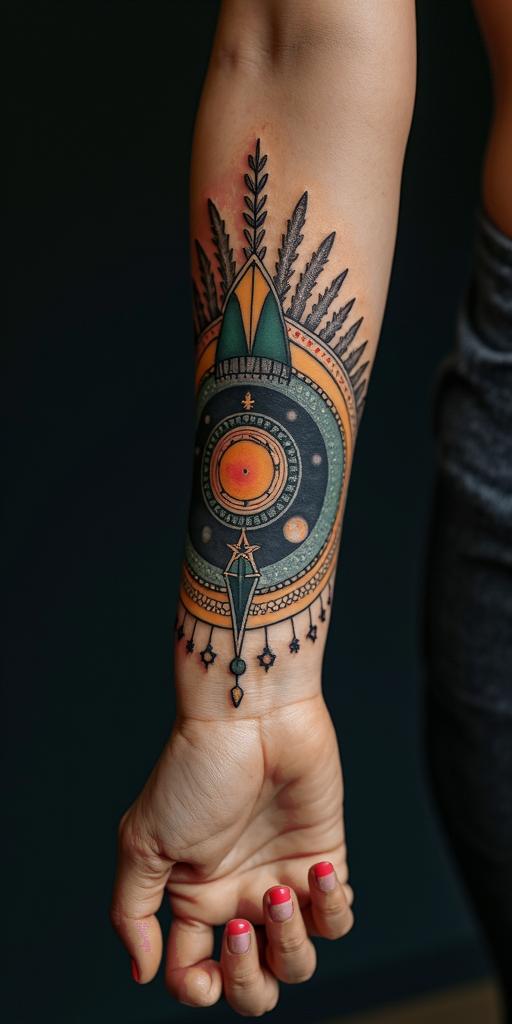 You are trained on data up to October 2023.in prophecy tattoo style, featuring mystical symbols, celestial imagery like stars, moons, suns, geometric patterns, foretelling elements, an eye of wisdom