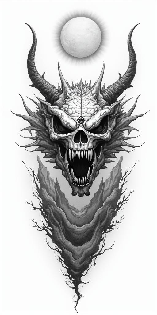 A dragon reaching for the sky. He reaches up from the floor and there are mountains behind him. And a big suncreepy horror tattoo style, featuring an eerie and unsettling skull of a demonic creature, distorted face with sharp fangs, add pentagram symbol