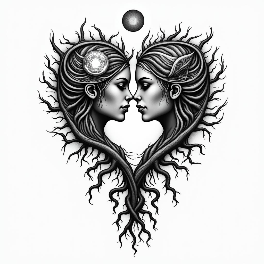An abstract couple tattoo featuring intertwined roots symbolizing a long relationship since age 16, including characters Peeley from Fortnite, Venom and Scarlet Witch from Marvel, and Waluigi and Rosalina from Mario. Additionally, incorporate the triple moon and Hecate symbols, reflecting pagan beliefs, with heavy metal motifs like musical notes and instruments. The overall style should be unique and abstract.higly detailed tattoo