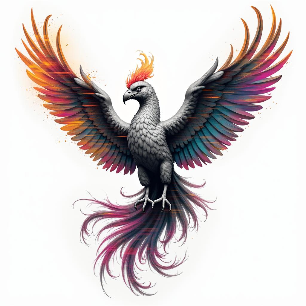 Flying phoenix with firein distorted and fragmented tattoo design, featuring a classical statue bust, in a glitch art style with vibrant, overlapping colors of cyan, magenta, and yellow, creating a digital distortion effect