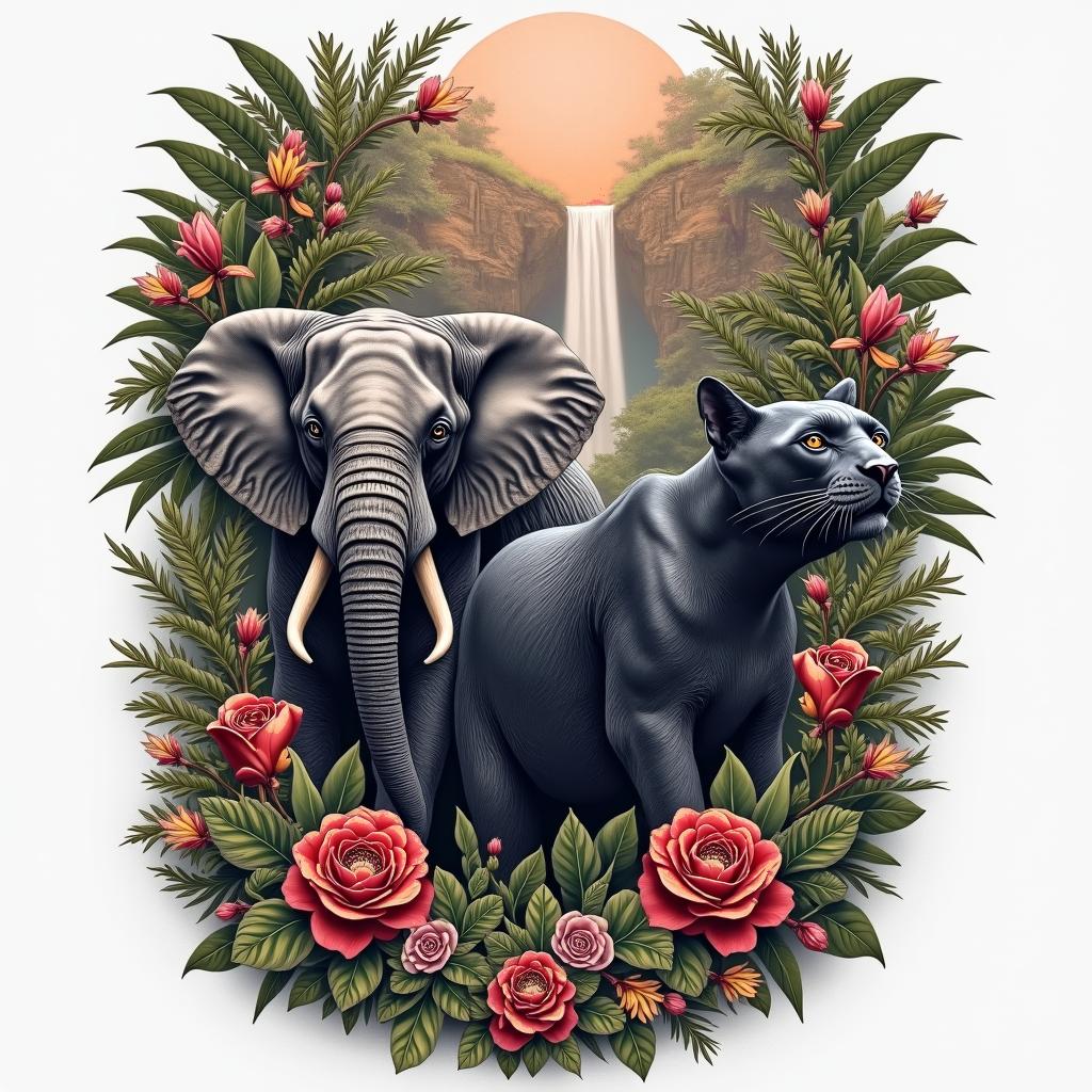 A realistic jungle tattoo designed as an arm sleeve featuring majestic elephants and a sleek black panther, surrounded by a lush environment with a waterfall behind the animals. The scene is adorned with vibrant flowers and incorporates the color red, symbolizing love, along with elements representing wisdom and strength.higly detailed tattoo - Variation 4