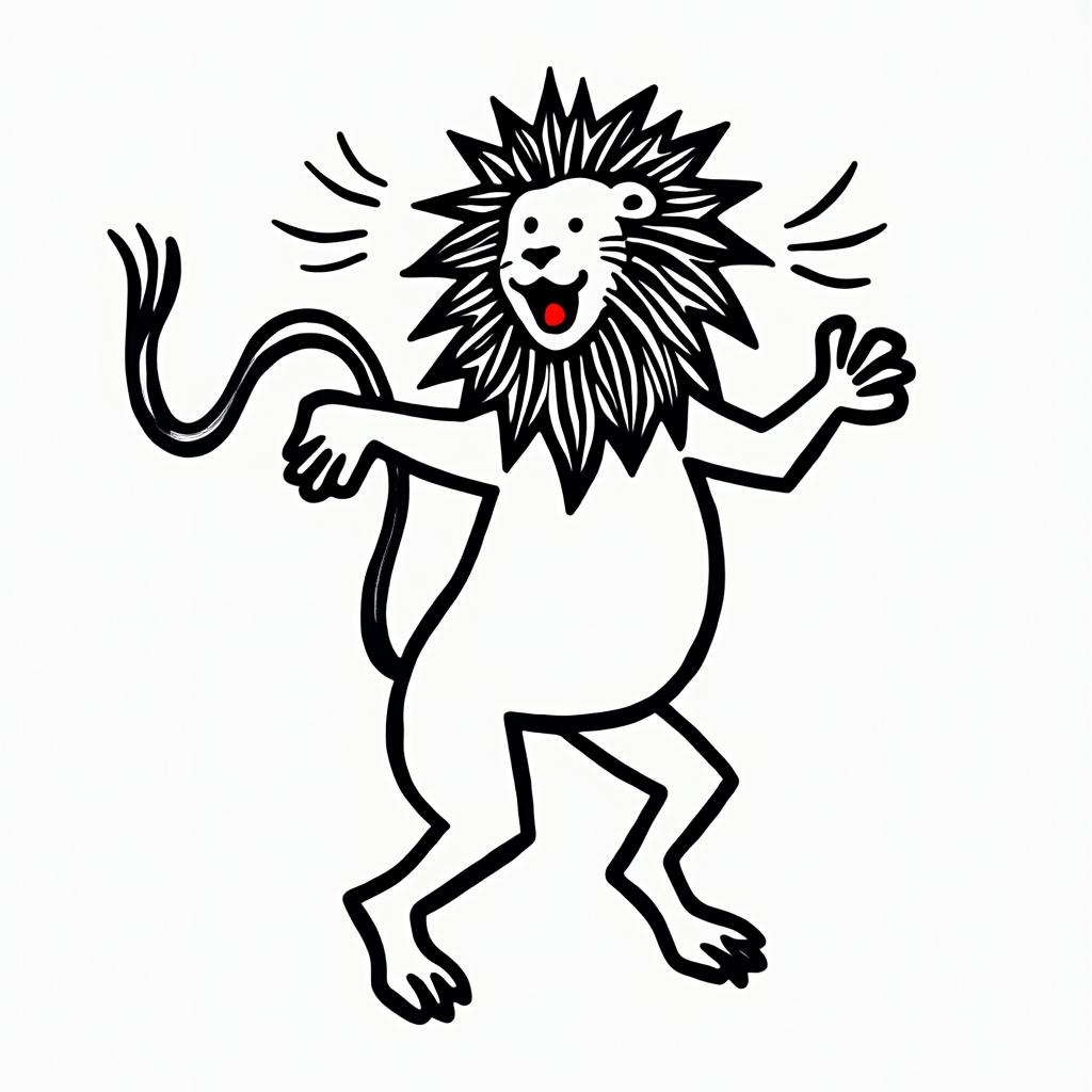 Roaring lion with a flowing maneabstract dancing figures in Keith Haring style, featuring bold black outlines and solid color fills, figures posed in dynamic and playful dance movements, minimalist design - Variation 3