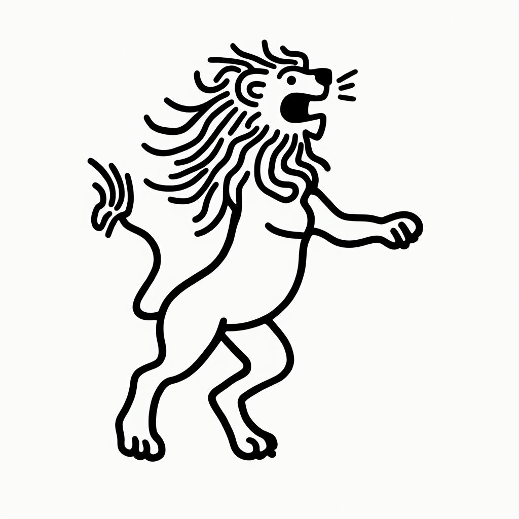 Roaring lion with a flowing maneabstract dancing figures in Keith Haring style, featuring bold black outlines and solid color fills, figures posed in dynamic and playful dance movements, minimalist design - Variation 2