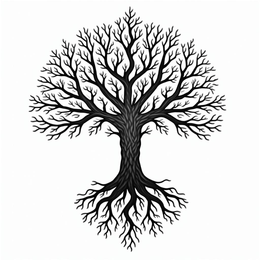 Tree of life with roots and branches in geometric style tattoo, blending hexagons, mandala-inspired patterns, symmetrical and fractal design, clean lines, sharp angles - Variation 4