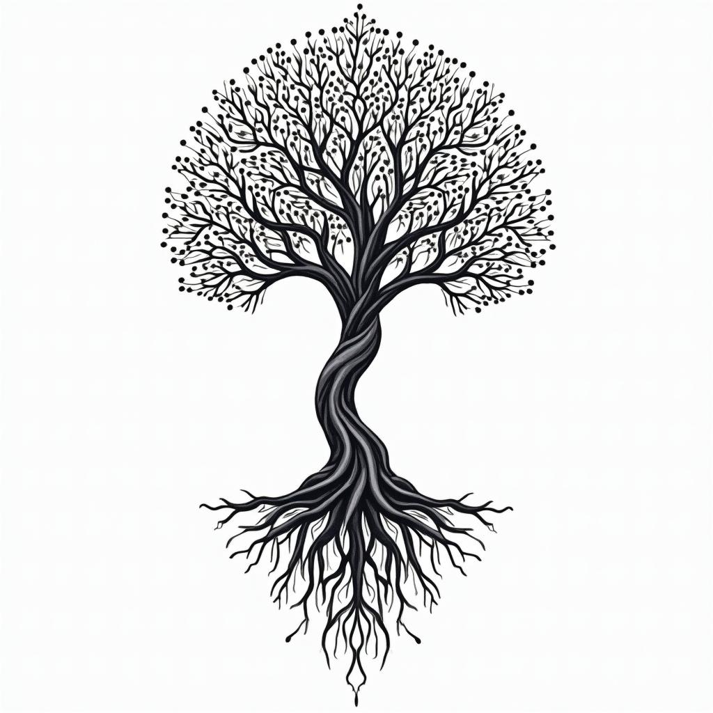 Tree of life with roots and branches in geometric style tattoo, blending hexagons, mandala-inspired patterns, symmetrical and fractal design, clean lines, sharp angles