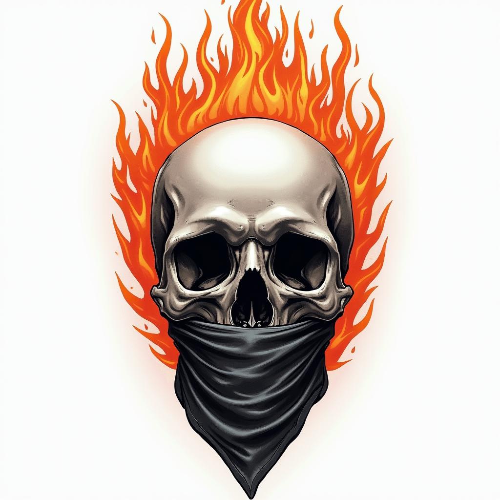 Skull with bandana over mouthin flame tattoo style showcasing fiery elements with dynamic flame patterns, glowing effect of flames, natural colors - Variation 4