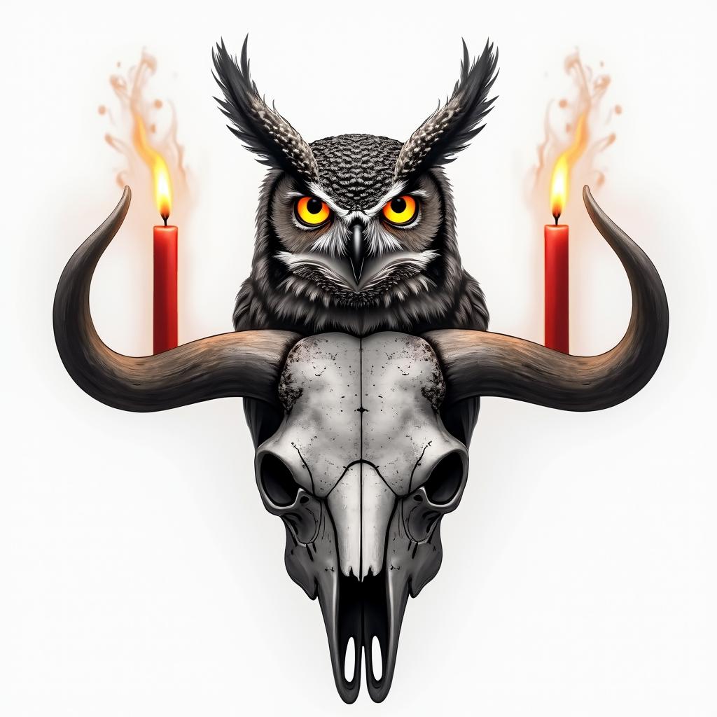 A horned owl perched onto a bull skull with red candles burning in the skills eye sockets with the owl having glowing yellow eyes with steam coming off of themin realism tattoo style, featuring a highly detailed, lifelike, capturing every detail, photorealistic, ultra realistic, intricate shading, smooth and sharp,   - Variation 4