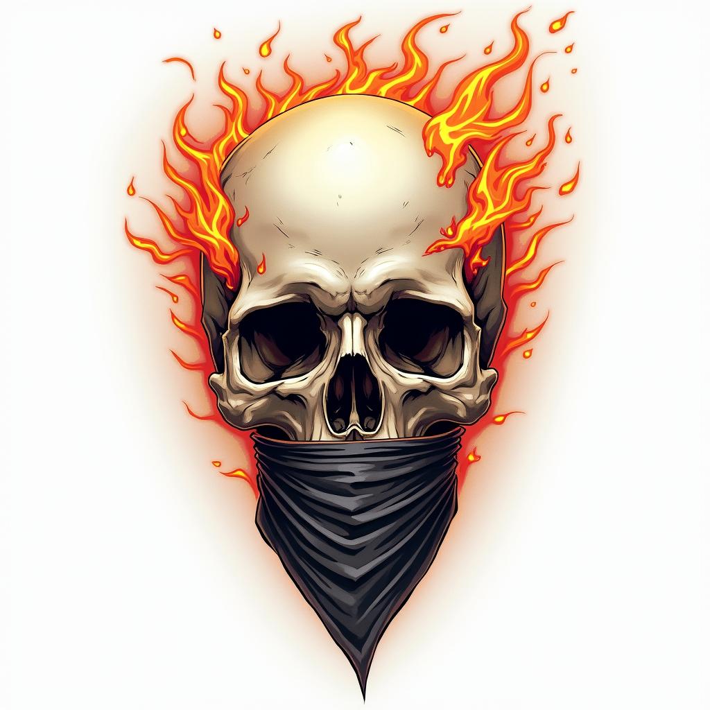 Skull with bandana over mouthin flame tattoo style showcasing fiery elements with dynamic flame patterns, glowing effect of flames, natural colors - Variation 3