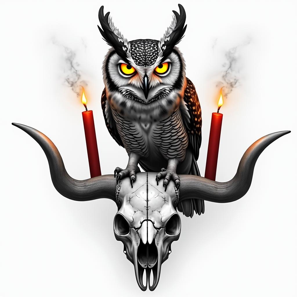 A horned owl perched onto a bull skull with red candles burning in the skills eye sockets with the owl having glowing yellow eyes with steam coming off of themin realism tattoo style, featuring a highly detailed, lifelike, capturing every detail, photorealistic, ultra realistic, intricate shading, smooth and sharp,   - Variation 3