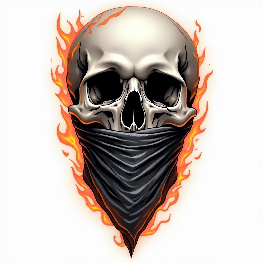 Skull with bandana over mouthin flame tattoo style showcasing fiery elements with dynamic flame patterns, glowing effect of flames, natural colors - Variation 2