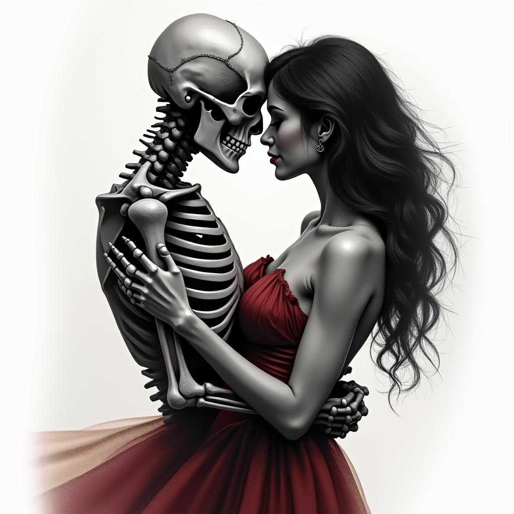 A realistic black and gray tattoo featuring a skeleton slow dancing with a dark-haired woman in a dark red/burgundy dress. The scene captures a moody and romantic atmosphere, with dramatic shadows and soft lighting enhancing the emotions. The skeleton, depicted with masculine features, conveys strength and grace, while the overall design symbolizes the beauty of love and connection in an artistic and captivating way.higly detailed tattoo - Variation 4
