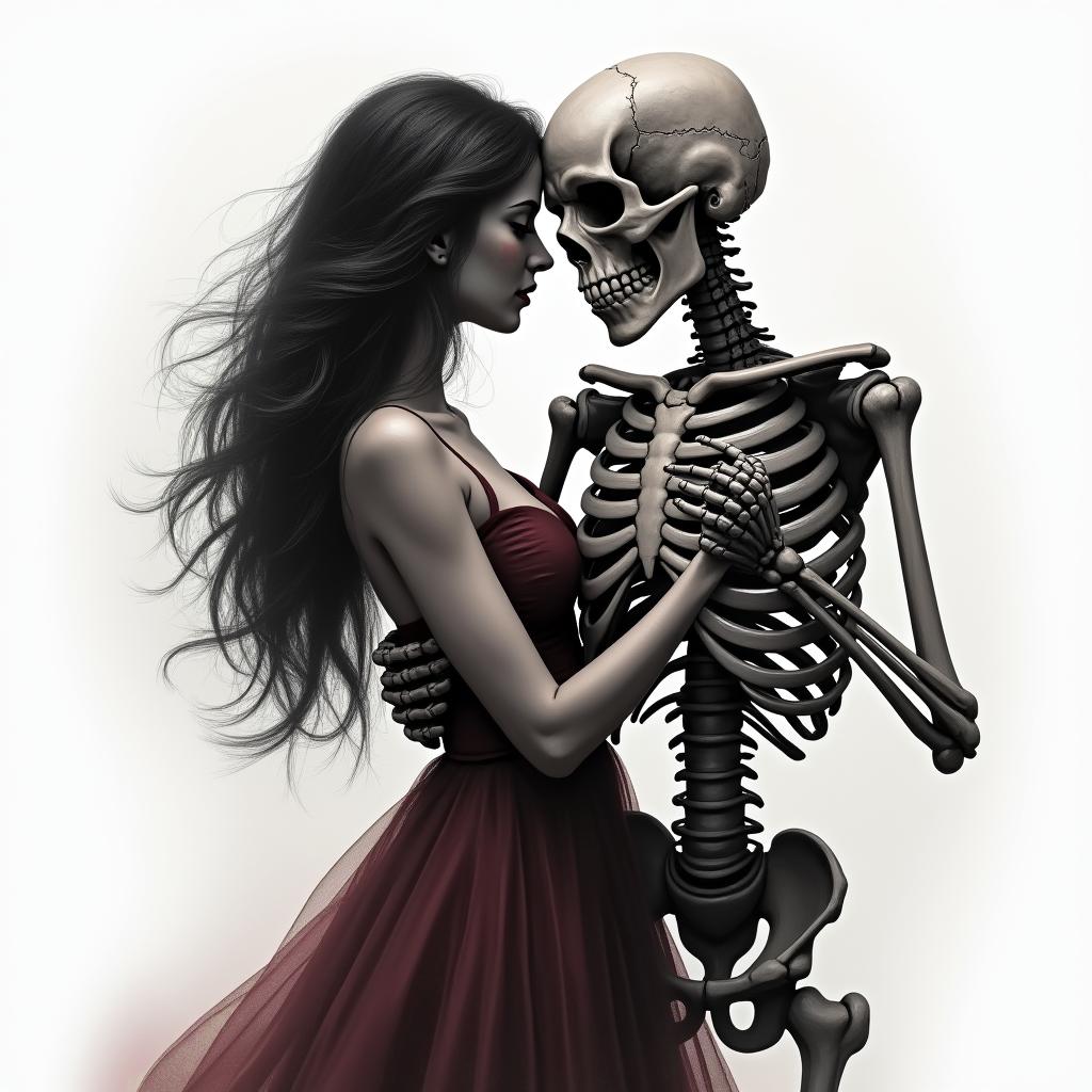 A realistic black and gray tattoo featuring a skeleton slow dancing with a dark-haired woman in a dark red/burgundy dress. The scene captures a moody and romantic atmosphere, with dramatic shadows and soft lighting enhancing the emotions. The skeleton, depicted with masculine features, conveys strength and grace, while the overall design symbolizes the beauty of love and connection in an artistic and captivating way.higly detailed tattoo - Variation 3