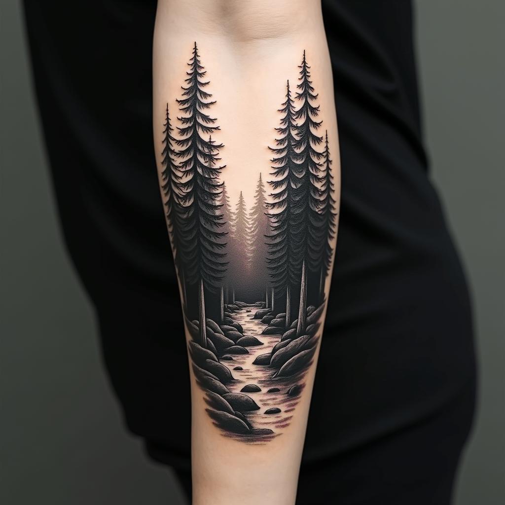 Pine tree forest with streamin realism tattoo style, featuring a highly detailed, lifelike, capturing every detail, photorealistic, ultra realistic, intricate shading, smooth and sharp,   - Variation 2